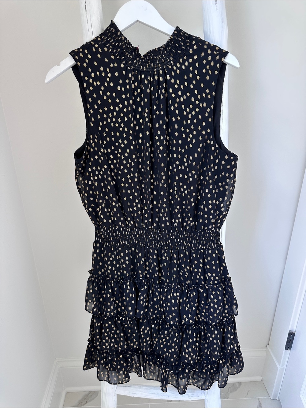 1. State Black Tiered Ruffle Gold Metallic Dotted Mini Dress
Size Large
